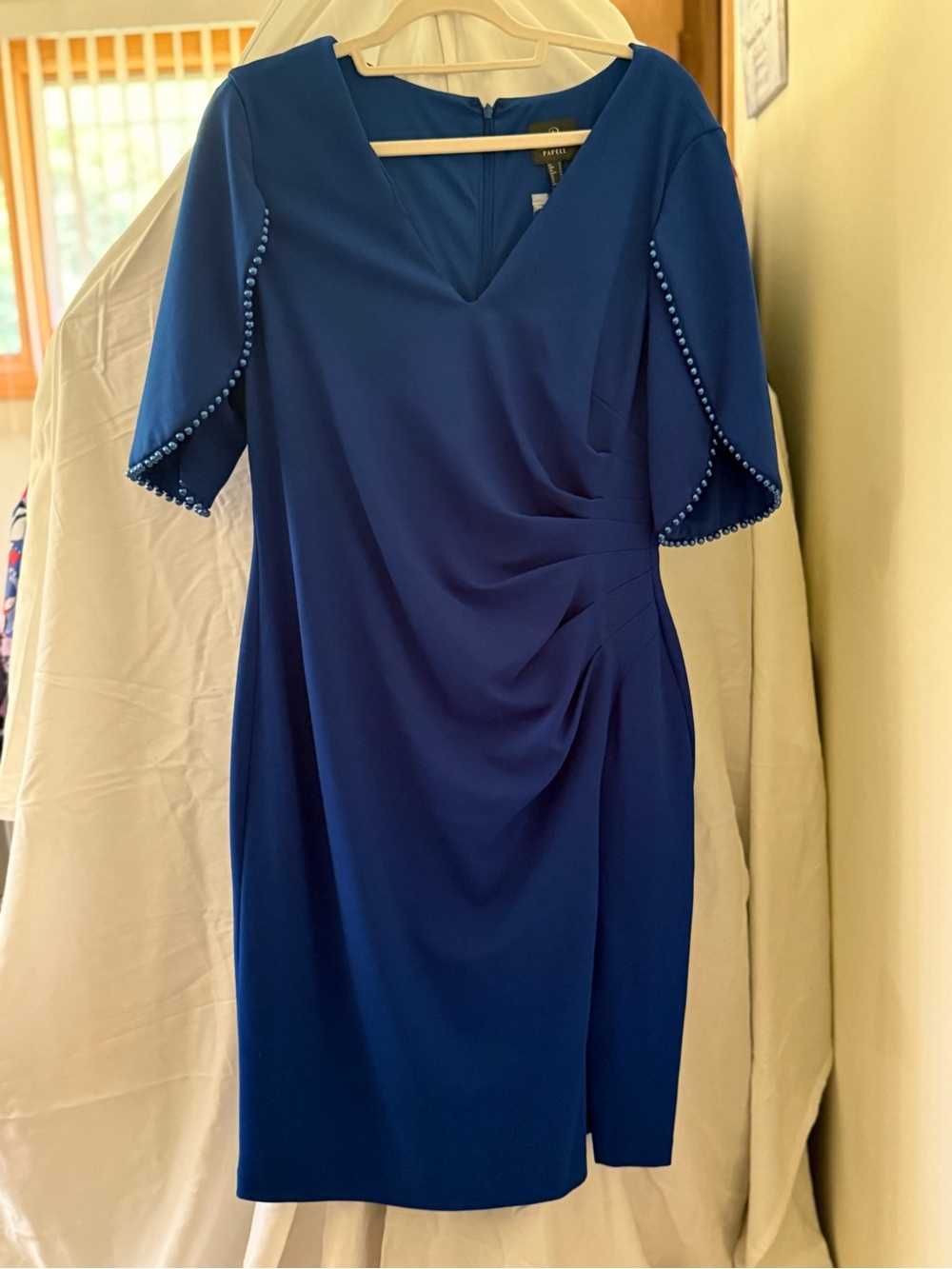 Adrianna Papell Royal Blue Midi Sheath Dress with Beaded Sleeve Trim